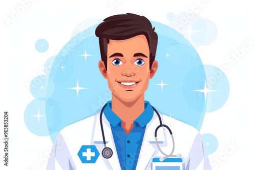 Smiling male doctor avatar icon symbolizing healthcare professionals medical care and patient trust.