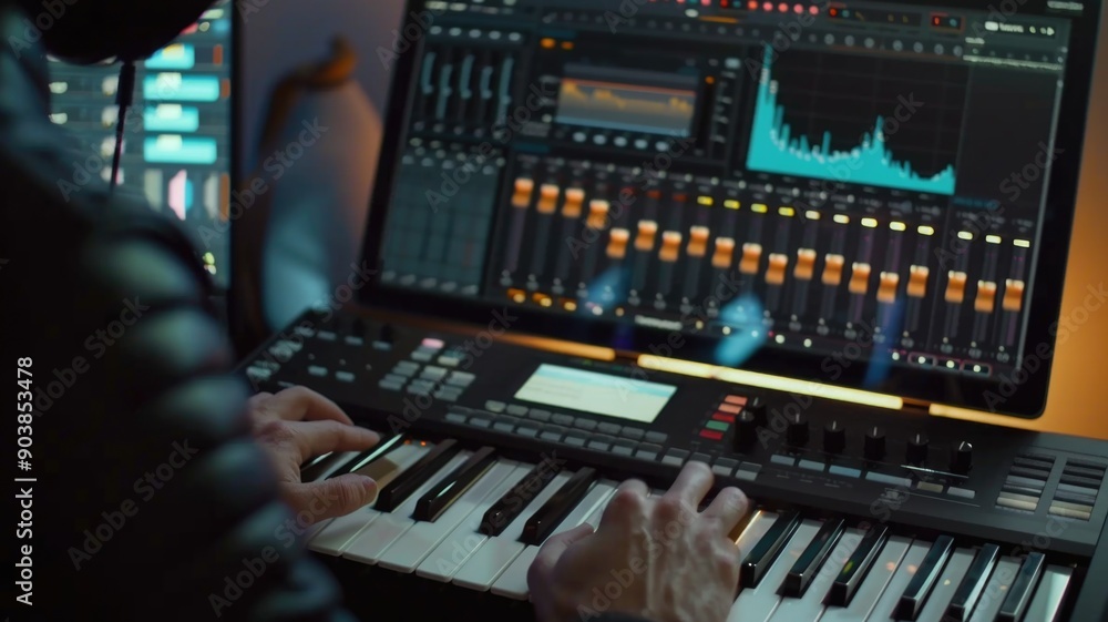 music production software on a computer screen, with a producer adjusting the mix .International Music Day music production software on a computer screen, with a producer adjusting the mix .International Music Day