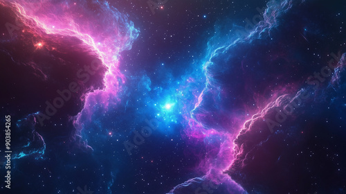 A nebula with clouds of gas and dust in blue, purple, pink, and red, backdrop of stars glowing with soft pastel hues against the deep darkness of space. 