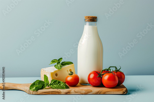 Fresh Milk, Cheese and Tomatoes, Still Life Food Photography photo