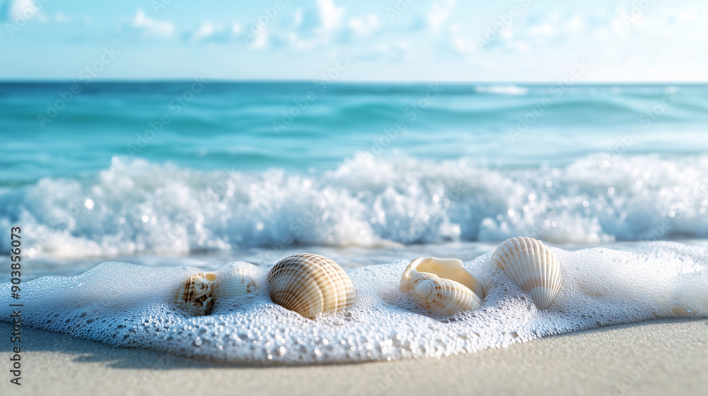 Seashells on the Shore with Ocean Waves and Bubbles Seashells on the Shore with Ocean Waves and Bubbles