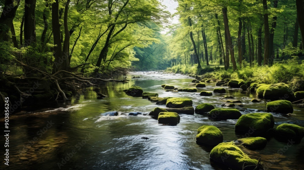 Obraz premium Serene Forest Stream with Mossy Rocks