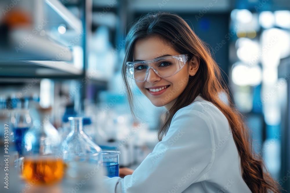 Building Successful Career in Science Research. Smart beautiful woman working in laboratory, using lab equipment, doing experiment, studying test samples. Portrait of happy scientist, ai Building Successful Career in Science Research. Smart beautiful woman working in laboratory, using lab equipment, doing experiment, studying test samples. Portrait of happy scientist, ai