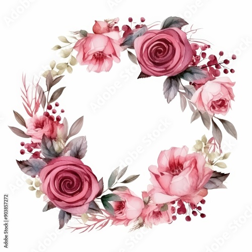 Watercolor Floral Wreath with Pink and Burgundy Roses
