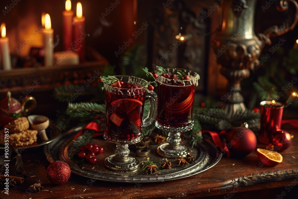 Festive Mulled Wine with Orange Slices and Spices on Holiday Table Festive Mulled Wine with Orange Slices and Spices on Holiday Table