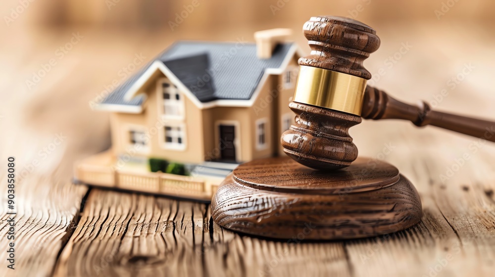 Gavel and House Model on Wood. Gavel and House Model on Wood.