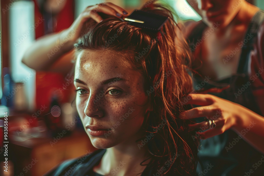 Hairdresser salon room interior, hair specialist making hairdo hairstyle to client, Generative AI Hairdresser salon room interior, hair specialist making hairdo hairstyle to client, Generative AI