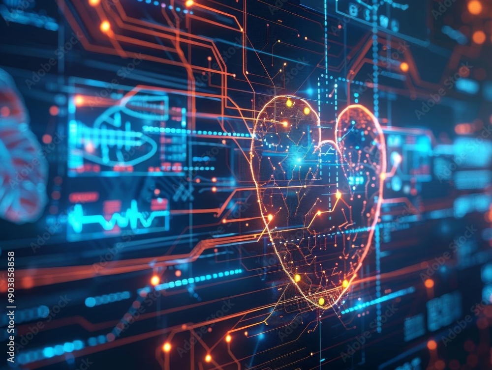Abstract digital heart on a circuit board background, representing technology in healthcare. Abstract digital heart on a circuit board background, representing technology in healthcare.