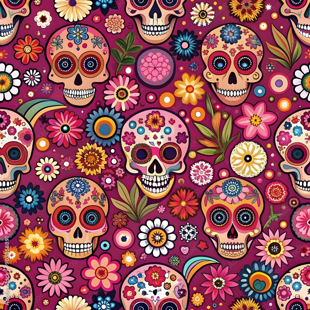 Day of the dead seamless pattern with skulls and flowers on red background. Traditional mexican Halloween design for Dia De Los Muertos holiday party. Day of the dead seamless pattern with skulls and flowers on red background. Traditional mexican Halloween design for Dia De Los Muertos holiday party.