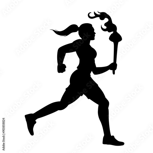 Silhouette of Woman Running with Olympic Torch Vector Illustration