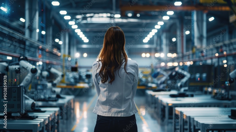 Fototapeta premium A woman stands near machines in a factory, possibly inspecting or monitoring their activity
