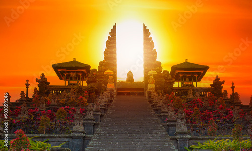 Pura Besakih temple on the slopes of Mount Agung largest and holiest temple at sunset - Bali, Indonesia
