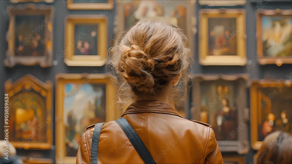 A woman stands in front of a wall of framed paintings in an art gallery, admiring the artwork. A woman stands in front of a wall of framed paintings in an art gallery, admiring the artwork.