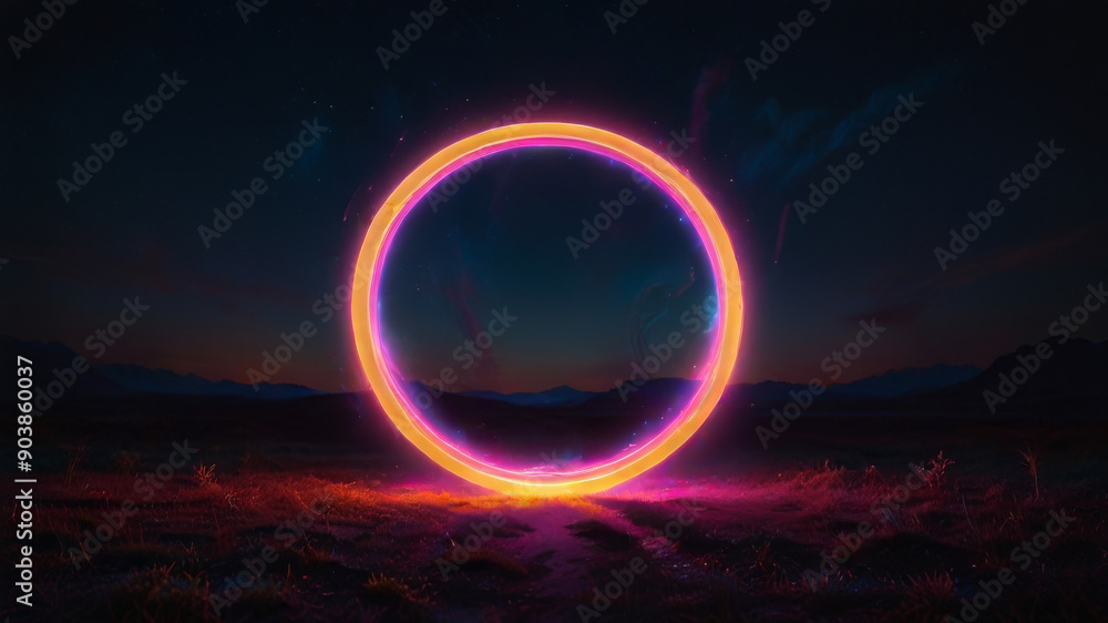 Obraz premium A fantastic landscape with a neon circle. Dark background.