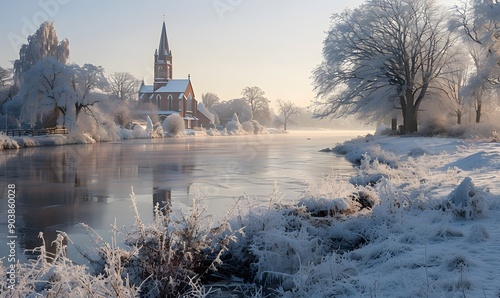 A serene and calming image of the River Severn's tranquil waters on a frosty morning photo