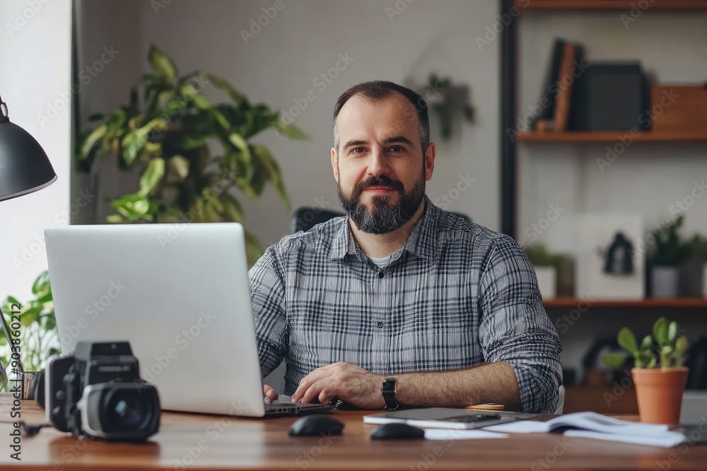 Company's manager sits at a desk in the office and holds an online meeting with his clients. Man communicates in a video call while looking at the webcam. Concept of online services , ai Company's manager sits at a desk in the office and holds an online meeting with his clients. Man communicates in a video call while looking at the webcam. Concept of online services , ai