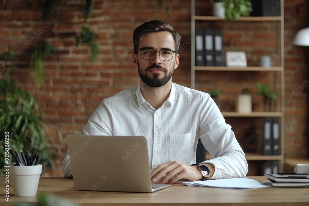 Company's manager sits at a desk in the office and holds an online meeting with his clients. Man communicates in a video call while looking at the webcam. Concept of online services , ai Company's manager sits at a desk in the office and holds an online meeting with his clients. Man communicates in a video call while looking at the webcam. Concept of online services , ai