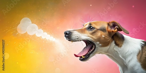 Aggressive dog barks, may bite, dangerously infected saliva on pink yellow background. Dangerously infected, the bite and saliva of sick animals transmits the rabies virus. International Rabies Day. photo