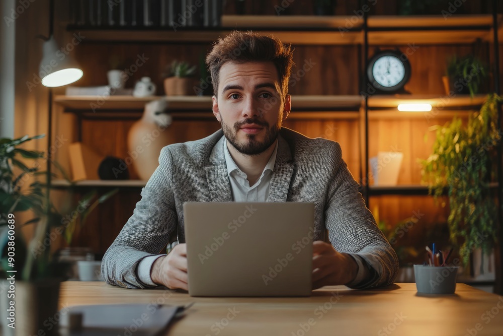 Company's manager sits at a desk in the office and holds an online meeting with his clients. Man communicates in a video call while looking at the webcam. Concept of online services , ai Company's manager sits at a desk in the office and holds an online meeting with his clients. Man communicates in a video call while looking at the webcam. Concept of online services , ai