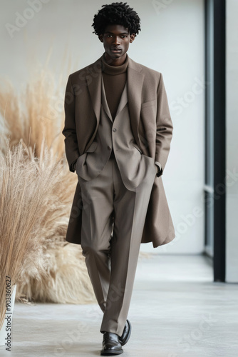 Stylish man wearing a brown suit and overcoat, walking confidently in a modern indoor setting with natural decor, in quiet luxury style