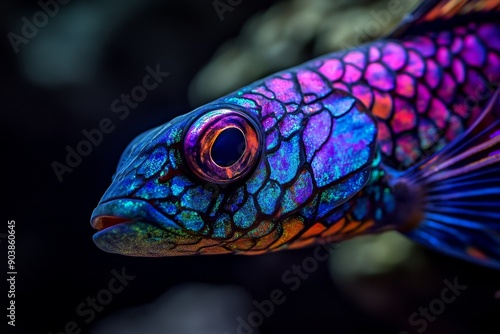 Close-up of the vibrant, iridescent scales of a dragonfish as it lurks in the shadowy depths. High-resolution, detailed textures, crisp focus photo