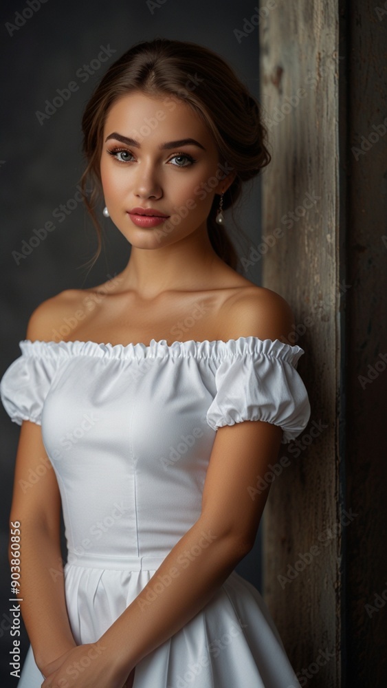 Fototapeta premium The bride wears a white off the shoulder dress