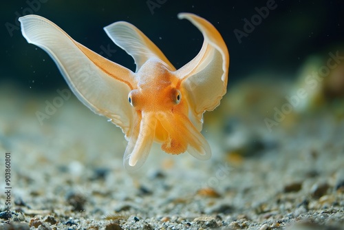 A dumbo octopus flapping its ear-like fins, hovering over the ocean floor. High-resolution, detailed textures, crisp focus photo