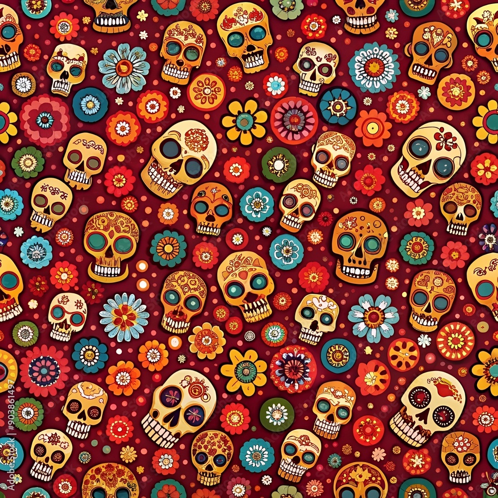 Day of the dead seamless pattern with skulls and flowers on red background. Traditional mexican Halloween design for Dia De Los Muertos holiday party. Day of the dead seamless pattern with skulls and flowers on red background. Traditional mexican Halloween design for Dia De Los Muertos holiday party.