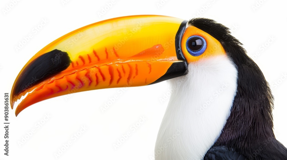 Fototapeta premium Exotic toucan with a strikingly colorful beak, isolated white background, ideal for text space