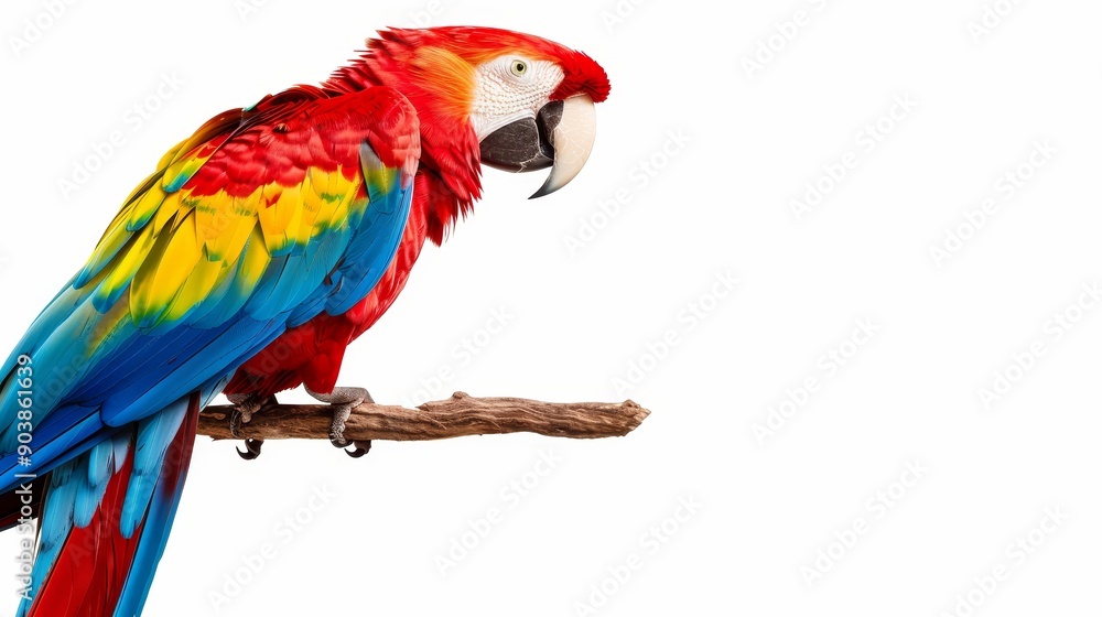 Exotic parrot with rainbow plumage on a branch, isolated background, ample copy space, perfect for commercial use, high contrast Exotic parrot with rainbow plumage on a branch, isolated background, ample copy space, perfect for commercial use, high contrast