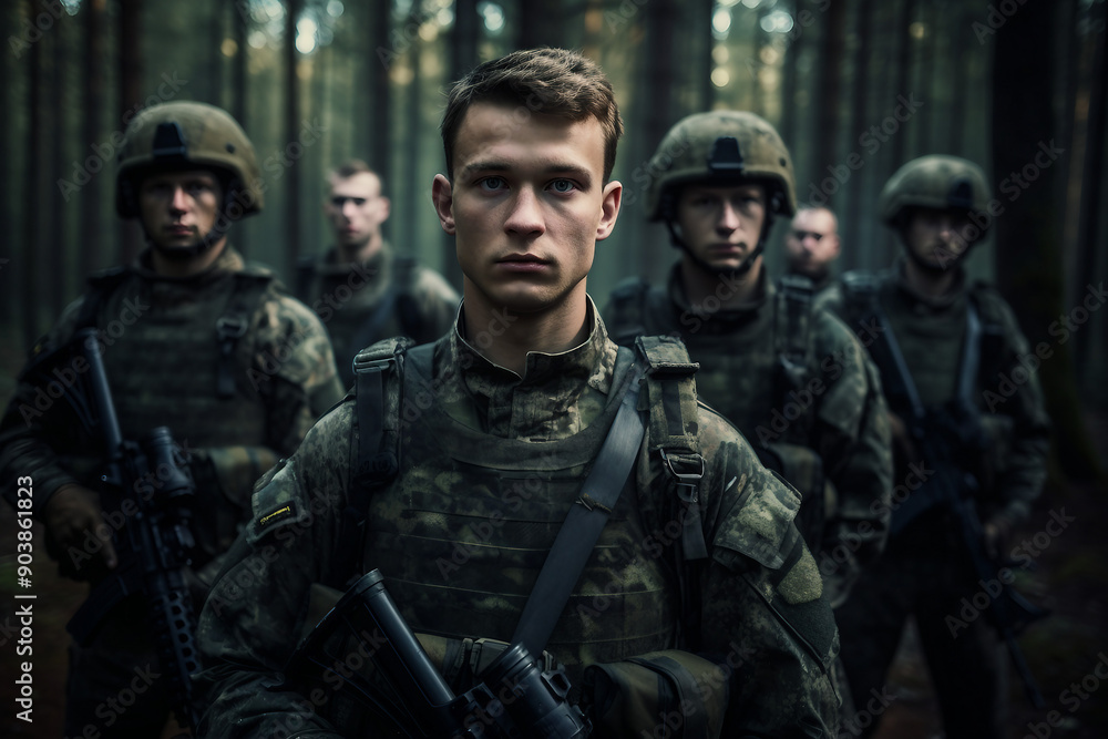 Fototapeta premium Modern soldiers fully equipped and facing the camera in military formation generative ai