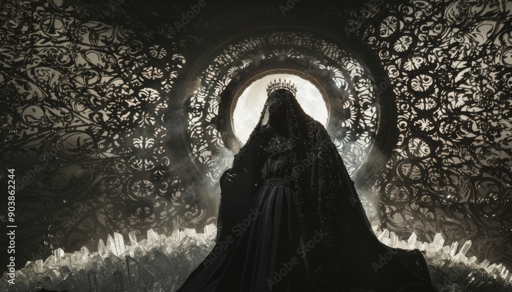 Secret portrait of a dark occult ruler. Evil archangel in a black robe in a creepy hell world. King mage necromancer. Secret portrait of a dark occult ruler. Evil archangel in a black robe in a creepy hell world. King mage necromancer.