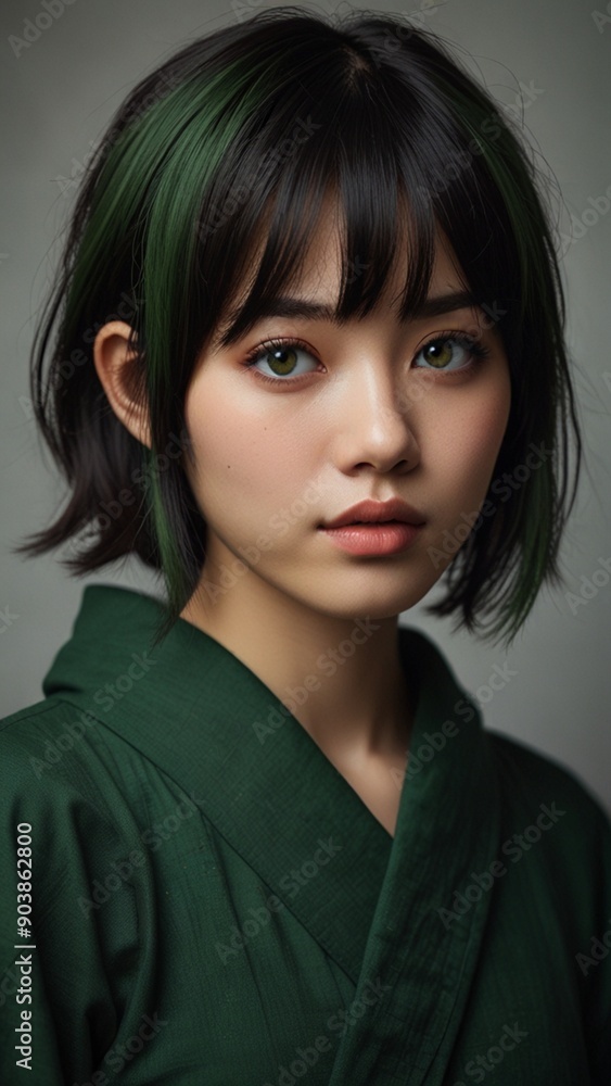 A woman in a green kimono is wearing a green kimono. A woman in a green kimono is wearing a green kimono.