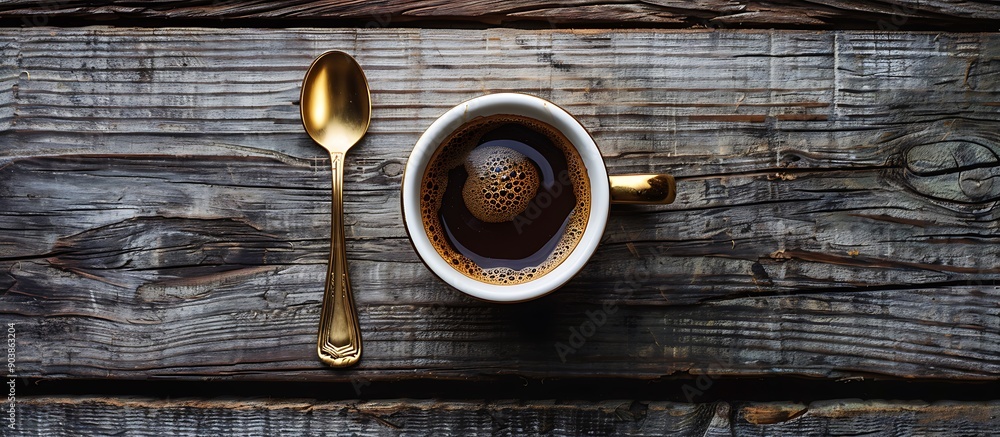 Flat lay of an espresso cup with a golden spoon on rustic wood, vintage filter, neutral dark grey and brown. Flat lay of an espresso cup with a golden spoon on rustic wood, vintage filter, neutral dark grey and brown.