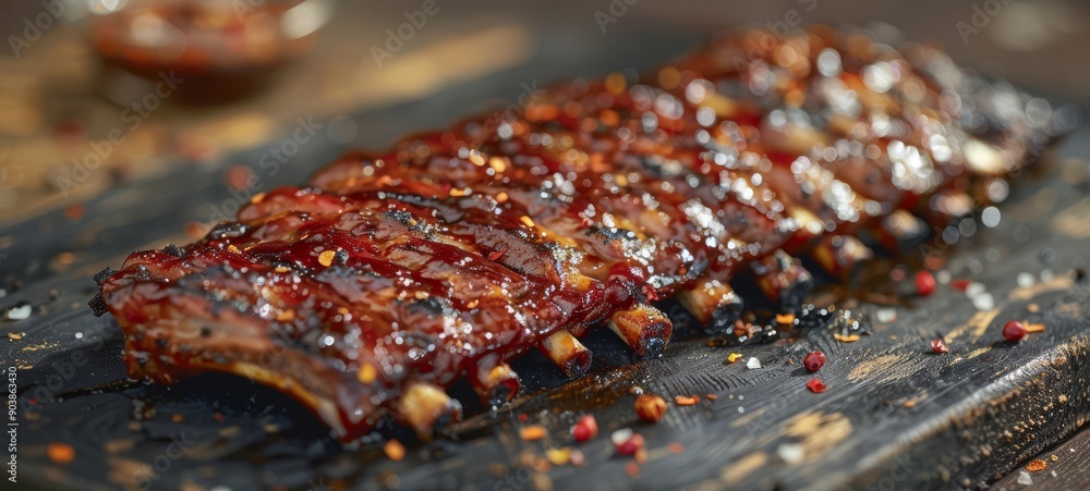 Barbecue pork ribs with sauce and garnish.
A mouthwatering image of barbecue pork ribs, glazed with sauce and garnished with chives and spices, perfect for grilling enthusiasts and foodies. Barbecue pork ribs with sauce and garnish.
A mouthwatering image of barbecue pork ribs, glazed with sauce and garnished with chives and spices, perfect for grilling enthusiasts and foodies.