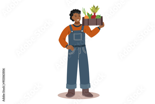 Harvest festival. Happy harvest poster. Autumn, harvest and Thanksgiving concept. Man with box of vegetables isolated on white.