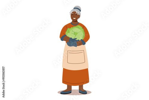 Harvest festival. Happy harvest poster. Autumn, harvest and Thanksgiving concept. Black skin woman with big cabbage isolated on white.	
