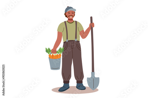 Harvest festival. Happy harvest poster. Autumn, harvest and Thanksgiving concept. Man with shovel and bucket of carrots isolated on white.