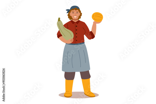 Harvest festival. Happy harvest poster. Autumn, harvest and Thanksgiving concept. Woman with melon and zucchini isolated on white.	