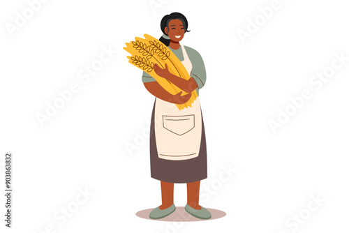 Harvest festival. Happy harvest poster. Autumn, harvest and Thanksgiving concept. Bread concept. Woman with wheat isolated on white.	