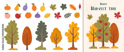 Autumn card. Autumn, harvest and Thanksgiving concept. Autumn elements set. Collection of trees, fruits and leaves isolated on white. Vector flat illustration.