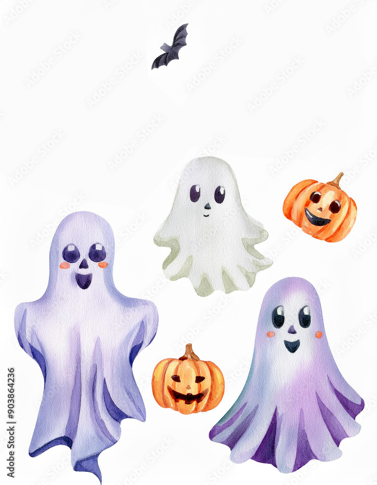 Obraz premium Set of cute watercolor Halloween's Day elements. Isolated on white background. Can be used for Halloween's day, greeting cards and invitations. Hand drawn watercolor illustration.