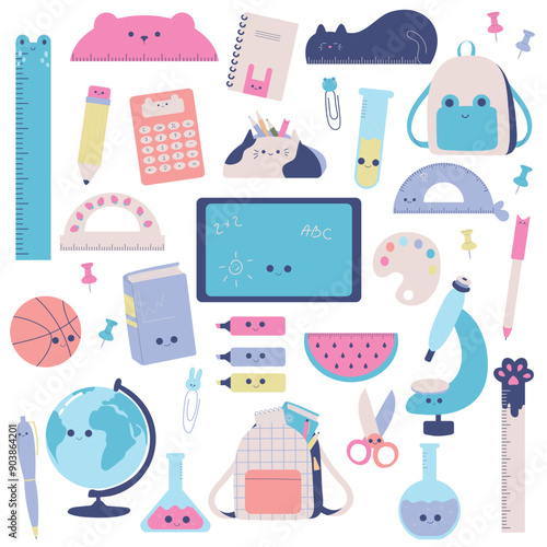 Hand drawn set of school supplies characters with smiling faces in kawaii style. Back to school cute concept.