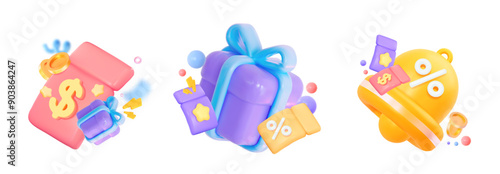 3d notification bell, gift and coupon icon set. Bonus with ticket and coins. A purple gift surrounded by discount coupons. 