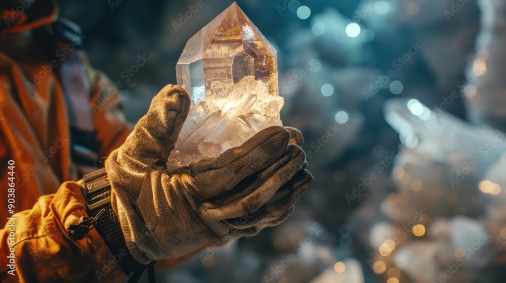 Miner in protective gear holding a large crystal, glowing with ethereal light in a dark cave. Miner in protective gear holding a large crystal, glowing with ethereal light in a dark cave.