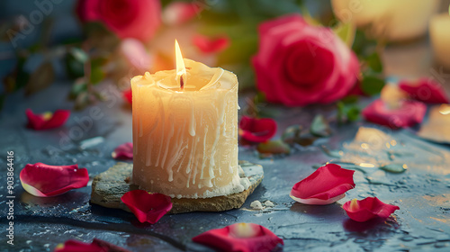 White candle with a rose and flowers petals on grey stone panoramic background with copy space