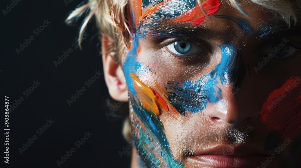 Close-up of a man with colorful, smeared paint on his face, isolated against a dark background. Close-up of a man with colorful, smeared paint on his face, isolated against a dark background.