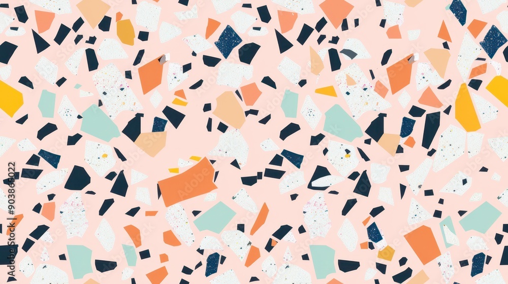 Colorful terrazzo seamless pattern with irregular shapes on a pink background. Ideal for modern, trendy, and decorative designs. Colorful terrazzo seamless pattern with irregular shapes on a pink background. Ideal for modern, trendy, and decorative designs.