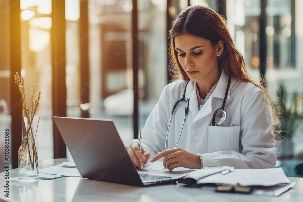 Female doctor writes notes while watching an online medical webinar or training seminar while sitting with a laptop in the workplace. Positive doctor does his best to provide quality medical care, ai Female doctor writes notes while watching an online medical webinar or training seminar while sitting with a laptop in the workplace. Positive doctor does his best to provide quality medical care, ai