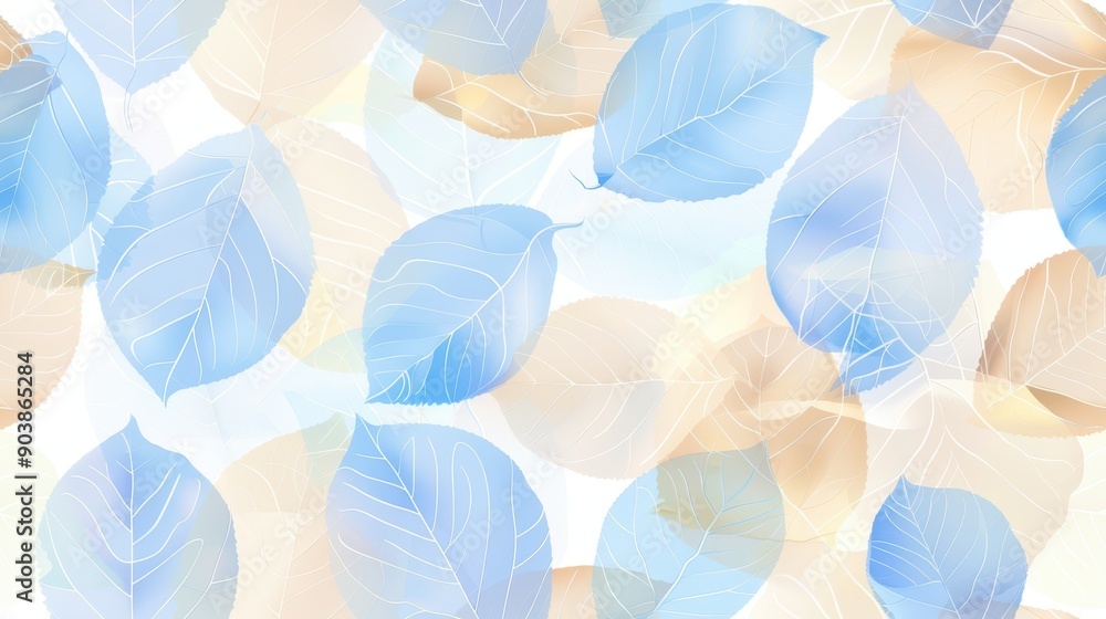 Seamless pattern of golden and blue leaves on a beige background. Suitable for elegant and nature-themed designs and textiles. Seamless pattern of golden and blue leaves on a beige background. Suitable for elegant and nature-themed designs and textiles.
